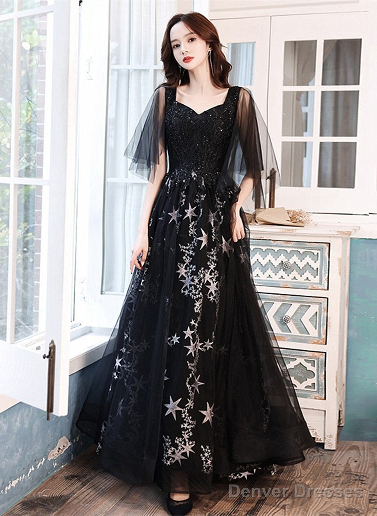 Black Beaded Straps A-Line Floor Length Party Dress, Black Tulle Long Prom Dress