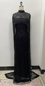 Black Beading Prom Dress Sweep Train High Neck Zipper Sleeveless Evening Dress