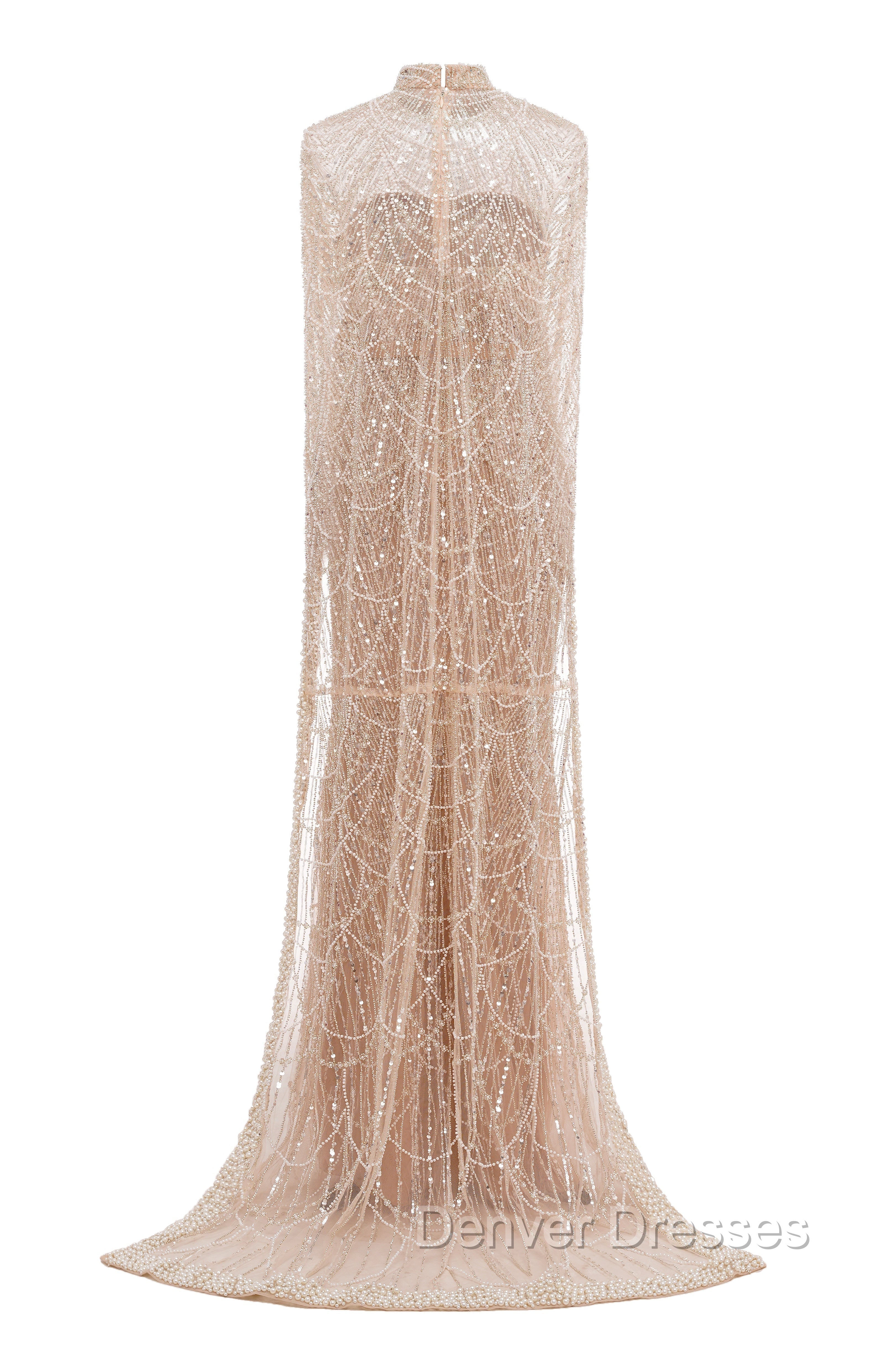 Black Beading Prom Dress Sweep Train High Neck Zipper Sleeveless Evening Dress