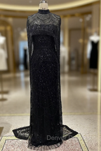 Black Beading Prom Dress Sweep Train High Neck Zipper Sleeveless Evening Dress