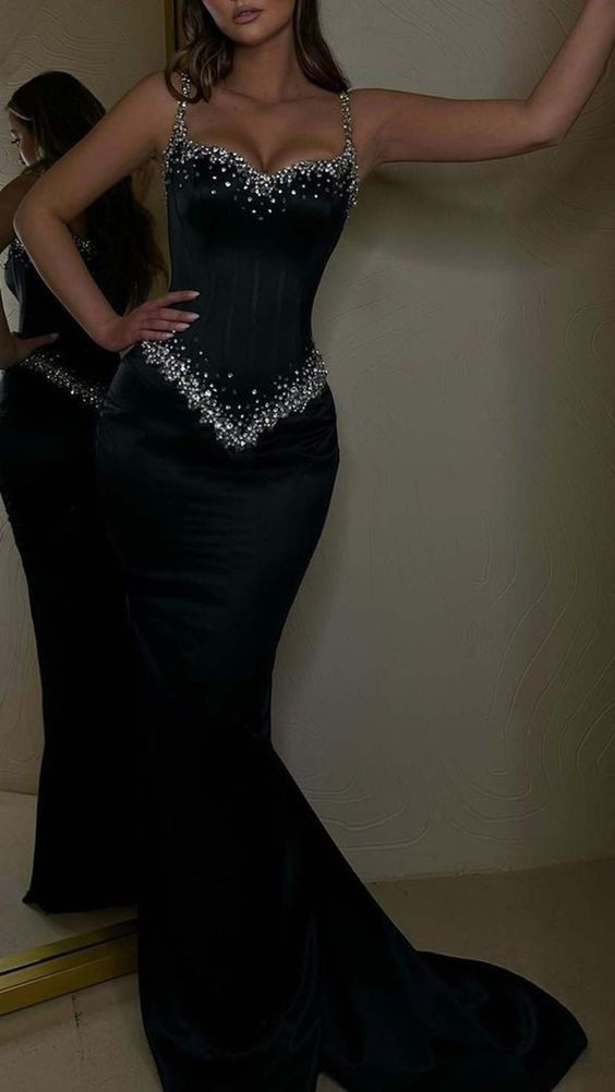 Black Beading Spaghetti Strap Elegant Sleeveless Mermaid Prom Dress Eveing Gown Main image