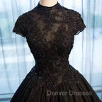 Black Cap Sleeves Long Tulle Party Dress, Black Prom Dress