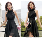 Black Chiffon Halter High Low Party Dress Homecoming Dress, Black Bridesmaid Dresses