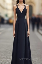 Black Chiffon Straps Long A-line Junior Prom Dress, Black Party Gowns