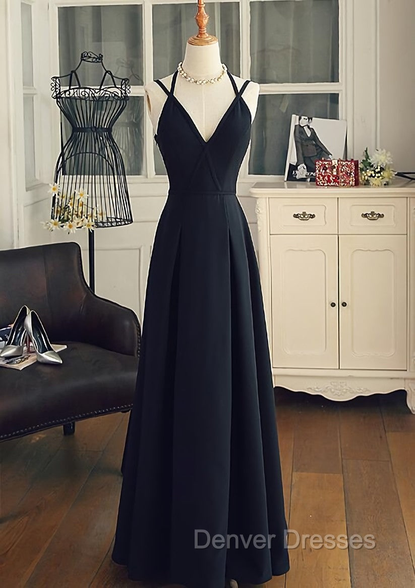 Black Chiffon Straps Long A-line Junior Prom Dress, Black Party Gowns Secondary image