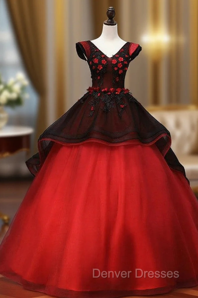 Black Dark Red Tulle V-neck Appliques Quinceanera Dress Main image