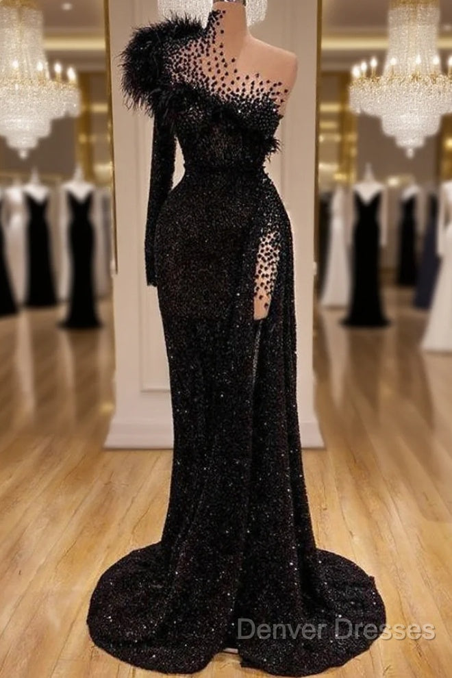 Black Evening Dress High Neck Side Split Long Sleeve Mermaid Prom Dress Feather Beaded Sexy Special Occasion Gowns Main image