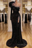 Black Evening Dress High Neck Side Split Long Sleeve Mermaid Prom Dress Feather Beaded Sexy Special Occasion Gowns