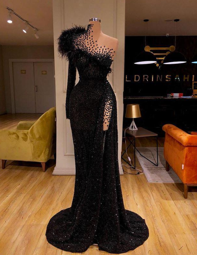 Black Evening Dress High Neck Side Split Long Sleeve Mermaid Prom Dress Feather Beaded Sexy Special Occasion Gowns