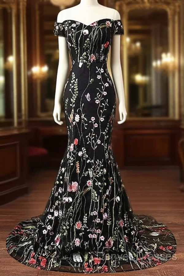 Black Floral Lace Mermaid Off Shoulder Long Party Dress, Black Evening Dress Prom Dress