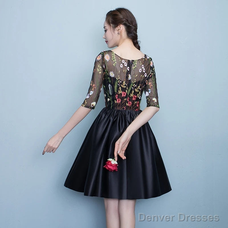 Black Floral Lace Short Sleeves Homeocming Dress, Back Party Dress Wedding Party Dress Secondary image