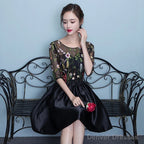 Black Floral Lace Short Sleeves Homeocming Dress, Back Party Dress Wedding Party Dress