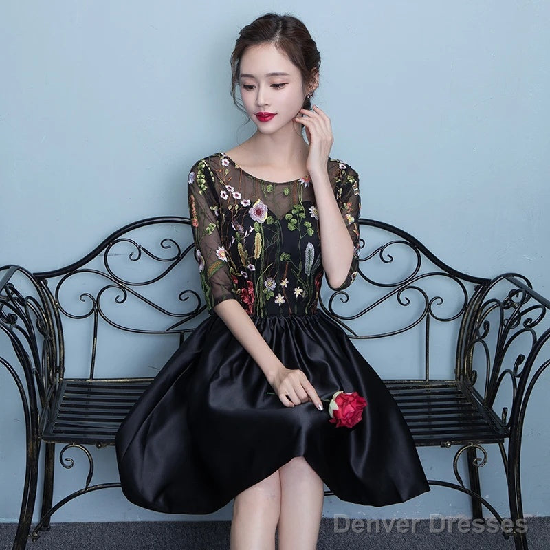 Black Floral Lace Short Sleeves Homeocming Dress, Back Party Dress Wedding Party Dress