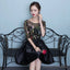 Black Floral Lace Short Sleeves Homeocming Dress, Back Party Dress Wedding Party Dress