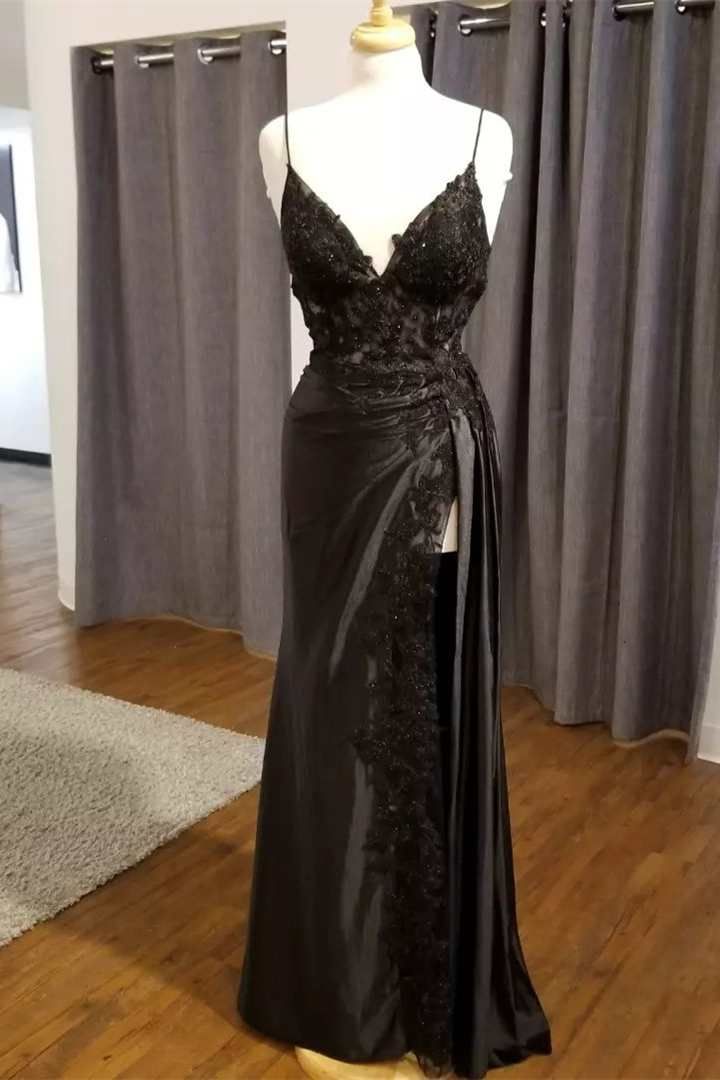Black Floral Lace V-Neck Long Prom Dress With Slit Birthday Outfits