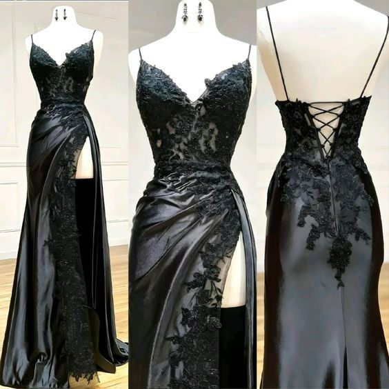 Black Floral Lace V-Neck Long Prom Dress With Slit Birthday Outfits Main image