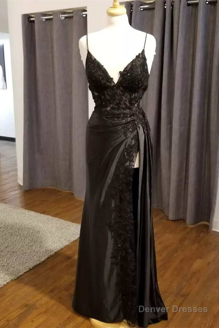 Black Floral Lace V-Neck Long Prom Dress with Slit,Event Dresses Elegant Main image