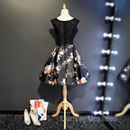 Black Floral Satin and Lace Round Neckline Short Party Dress Prom Dress, Black Homecoming Dress