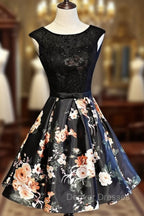 Black Floral Satin and Lace Round Neckline Short Party Dress Prom Dress, Black Homecoming Dress