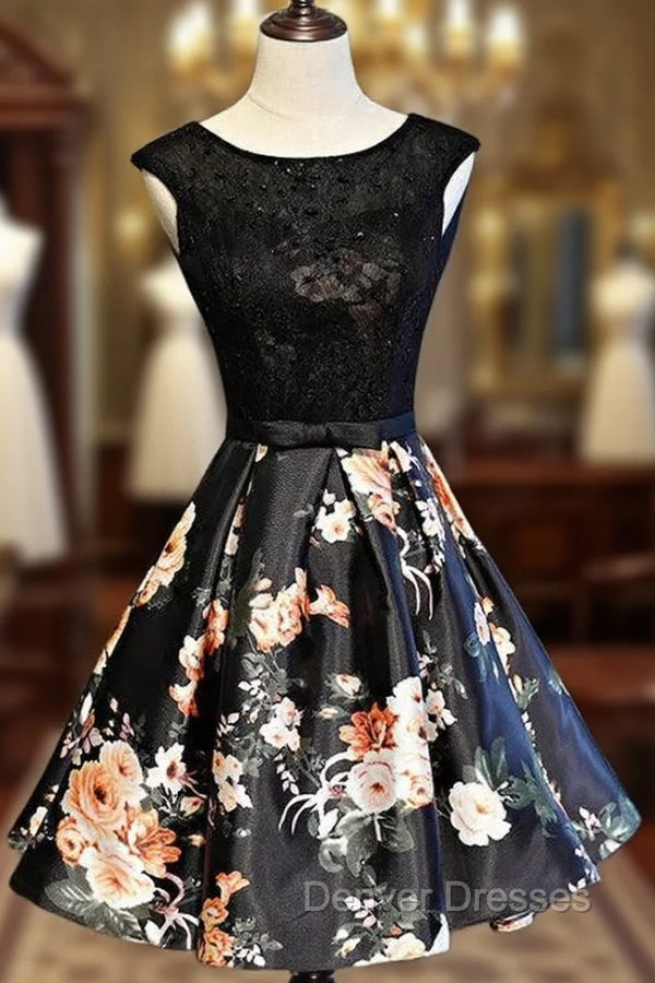 Black Floral Satin and Lace Round Neckline Short Party Dress Prom Dress, Black Homecoming Dress
