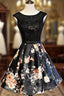 Black Floral Satin and Lace Round Neckline Short Party Dress Prom Dress, Black Homecoming Dress