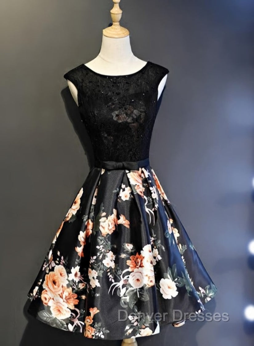Black Floral Satin and Lace Round Neckline Short Party Dress Prom Dress, Black Homecoming Dress Main image