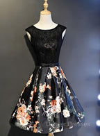 Black Floral Satin and Lace Round Neckline Short Party Dress Prom Dress, Black Homecoming Dress