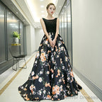 Black Floral Satin Long And Lace A-Line Prom Dress Party Dress, Black Evening Dress