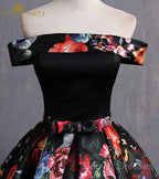 Black Floral Satin Off Shoulder Strapless Long Formal Prom Dress, Evening Dress
