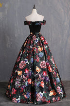 Black Floral Satin Off Shoulder Strapless Long Formal Prom Dress, Evening Dress