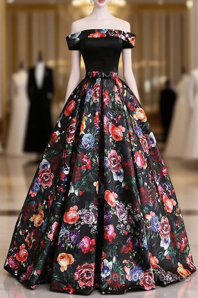 Black Floral Satin Off Shoulder Strapless Long Formal Prom Dress, Evening Dress Main image