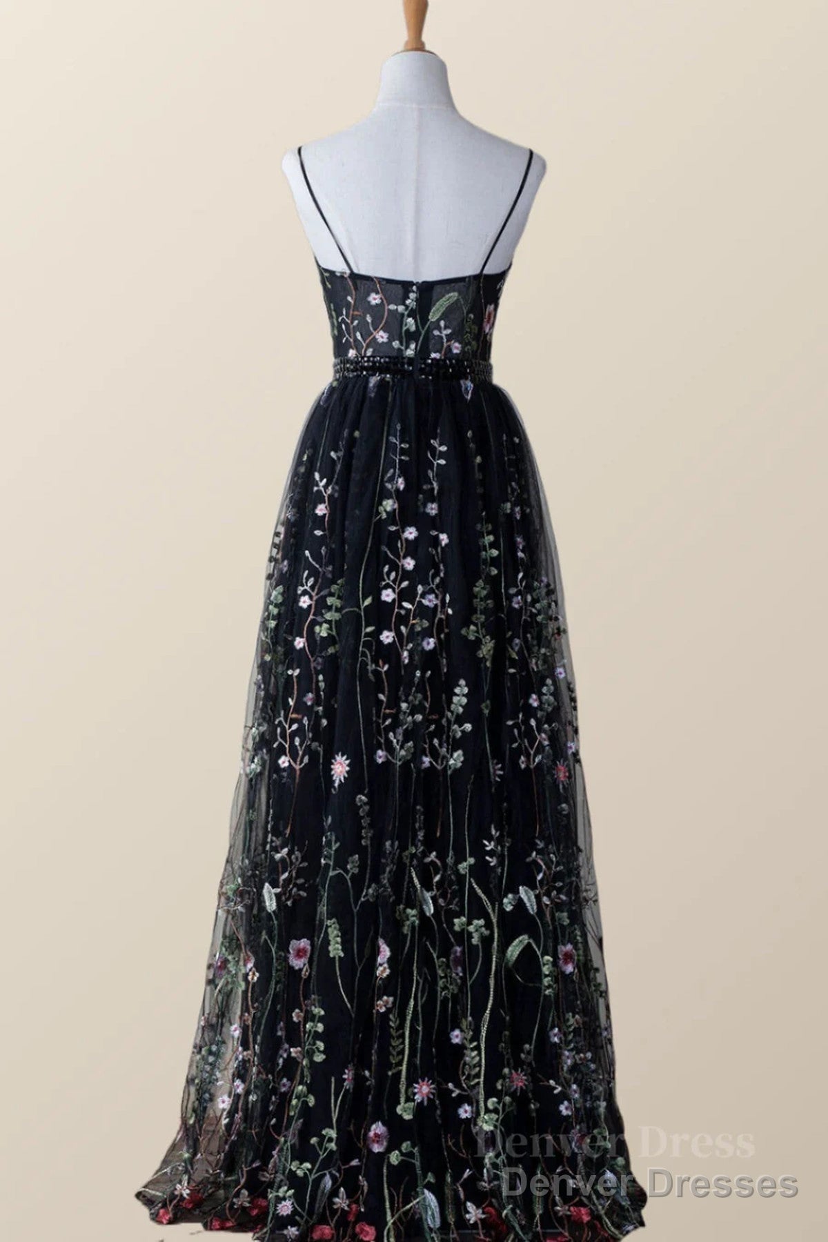 Black Floral Tulle A-Line V-Neckline Long Prom Dress, Black Evening Dress Party Dress Secondary image