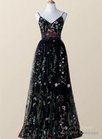 Black Floral Tulle A-Line V-Neckline Long Prom Dress, Black Evening Dress Party Dress