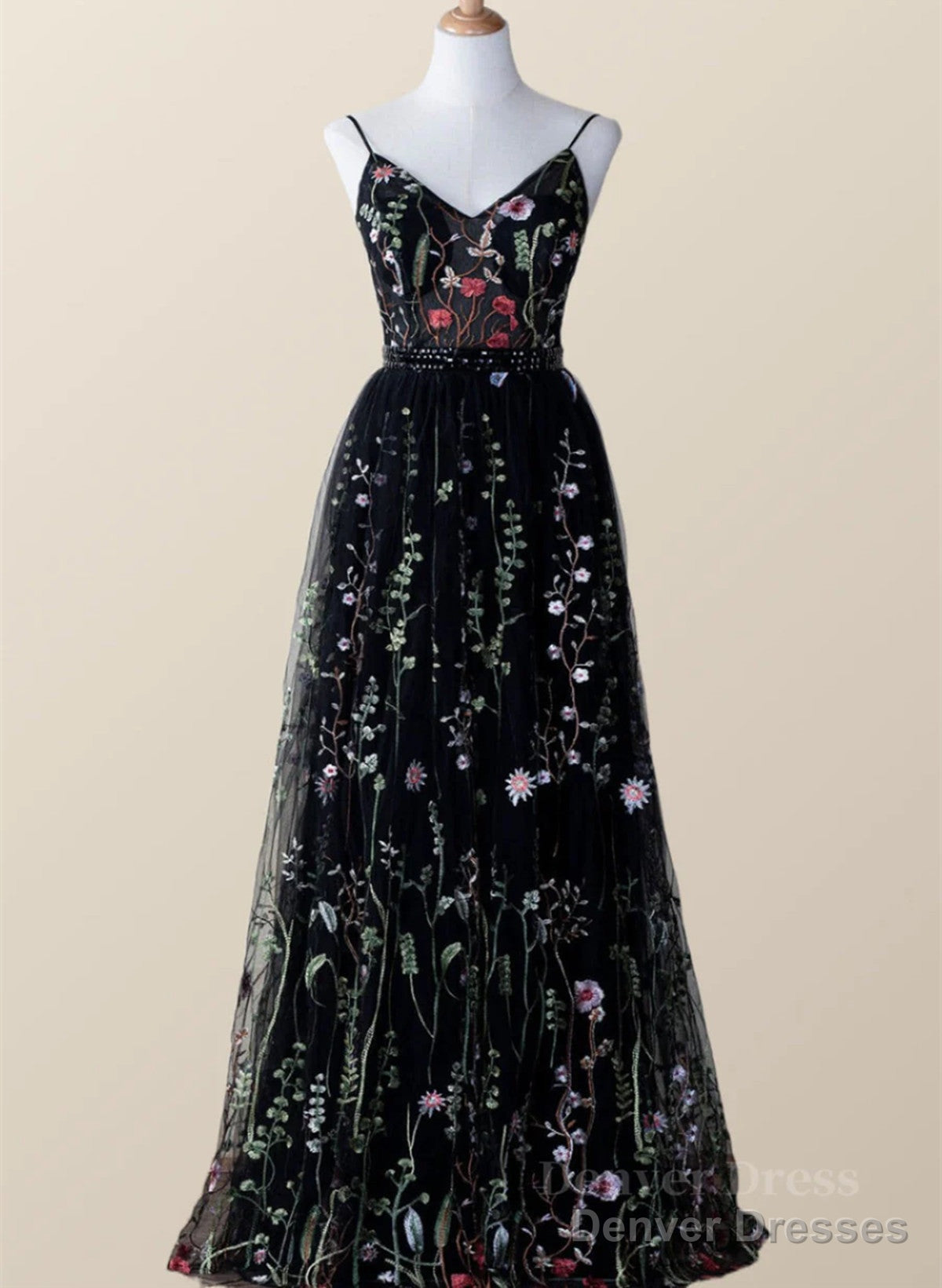 Black Floral Tulle A-Line V-Neckline Long Prom Dress, Black Evening Dress Party Dress