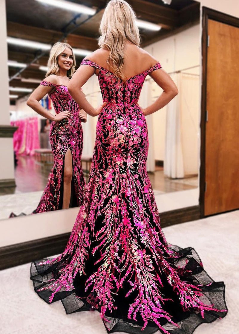 Black Fuchsia Sequin Lace Off the Shoulder Mermaid Prom Dress Secondary image