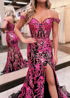 Black Fuchsia Sequin Lace Off the Shoulder Mermaid Prom Dress