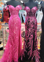Black Fuchsia Sequin Lace Off the Shoulder Mermaid Prom Dress