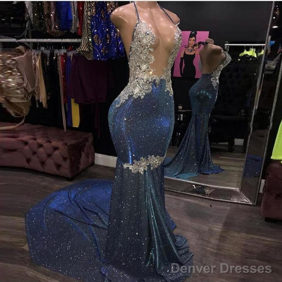 Black Girl Prom Dress Cheap Sparkle Blue Sexy Prom Dresses | Mermaid Silver Aplliques Long Evening Gowns Secondary image