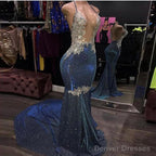 Black Girl Prom Dress Cheap Sparkle Blue Sexy Prom Dresses | Mermaid Silver Aplliques Long Evening Gowns
