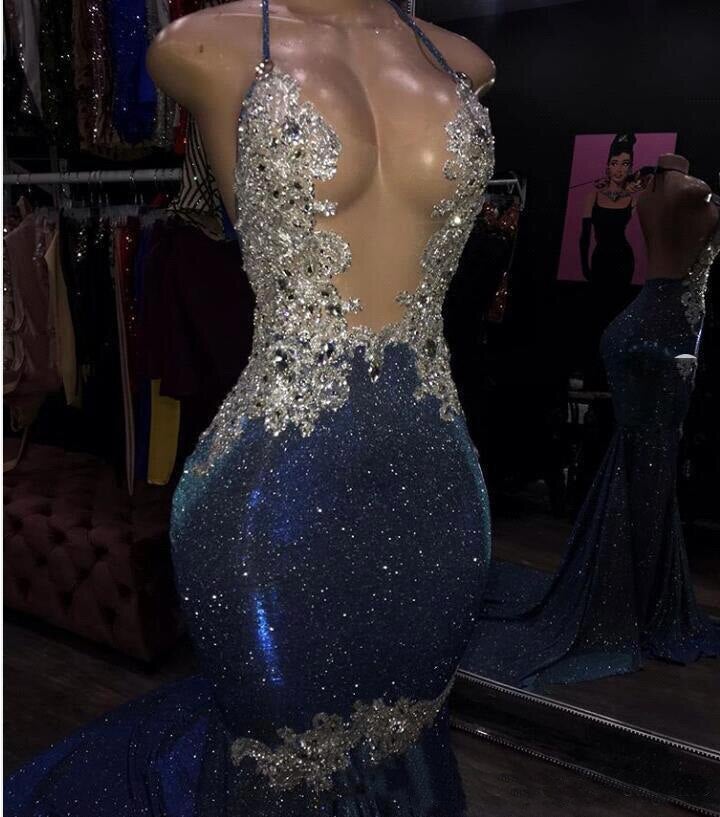 Black Girl Prom Dress Cheap Sparkle Blue Sexy Prom Dress | Mermaid Silver Aplliques Long Evening Gowns