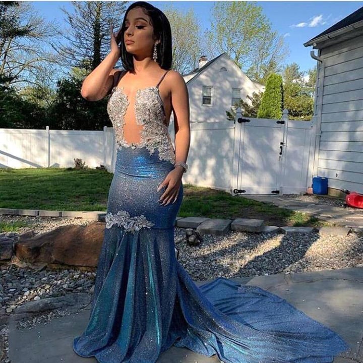 Black Girl Prom Dress Cheap Sparkle Blue Sexy Prom Dress | Mermaid Silver Aplliques Long Evening Gowns