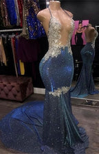 Black Girl Prom Dress Cheap Sparkle Blue Sexy Prom Dress | Mermaid Silver Aplliques Long Evening Gowns