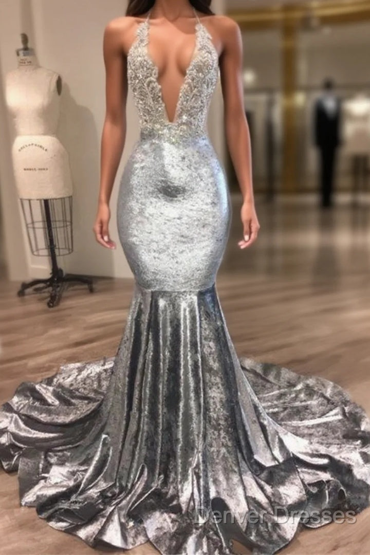 Black Girl Prom Dress Open Back Silver Velvet Prom Dress Cheap | Mermaid Sexy V-Neck Crystals Appliques Formal Evening Gowns Mq0131