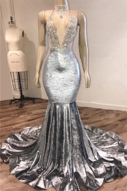 Black Girl Prom Dress Open Back Silver Velvet Prom Dress Cheap | Mermaid Sexy V-Neck Crystals Appliques Formal Evening Gowns Main image