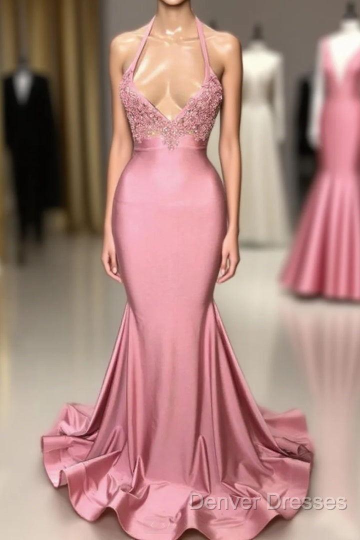 Black Girl Prom Dress Mermaid Sleeveless Pink Prom Dress | Sexy Beads Appliques Evening Dress Main image