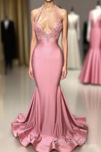 Black Girl Prom Dress Mermaid Sleeveless Pink Prom Dress | Sexy Beads Appliques Evening Dress