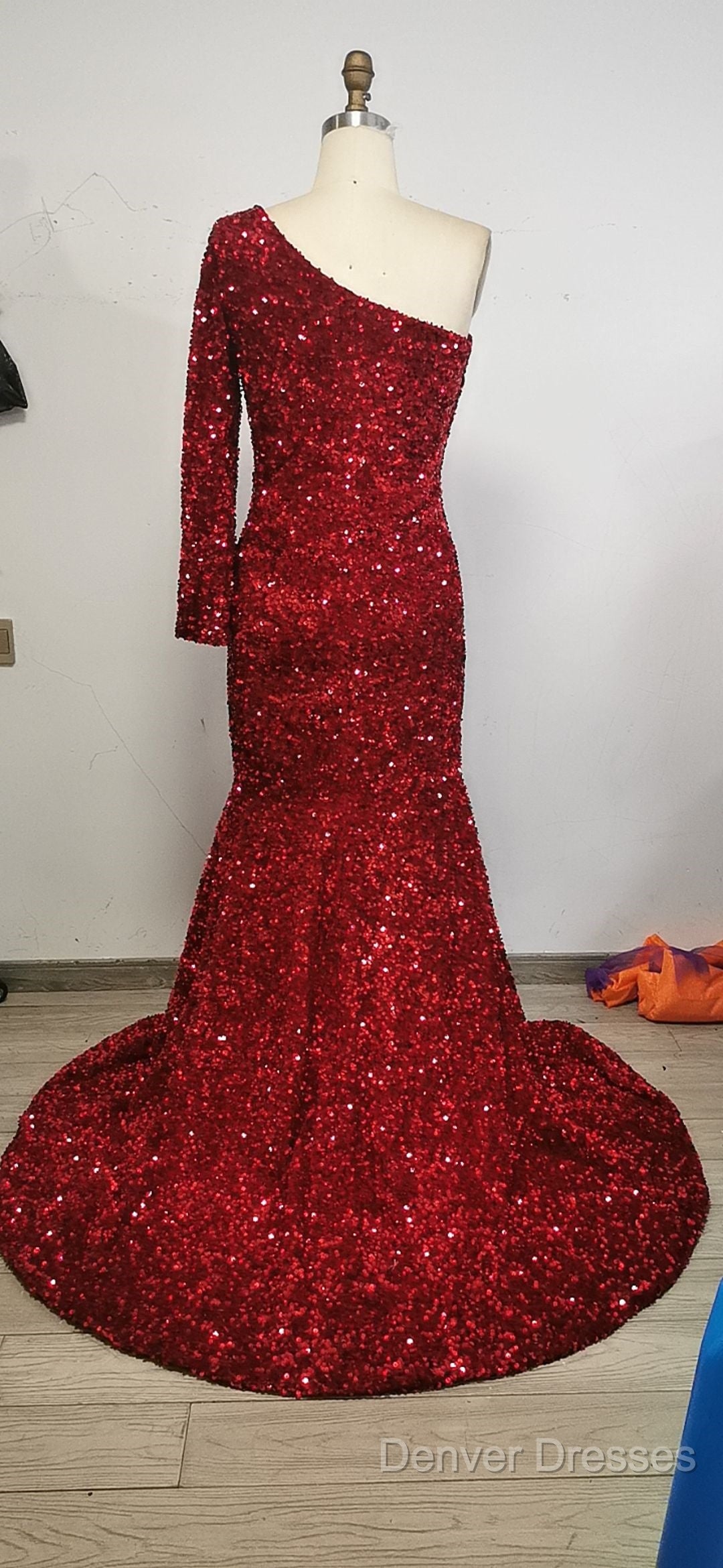 Black Girl Prom Dress One Shoulder Mermaid Red Prom Dress | Cheap Sequins Evening Gowns Secondary image