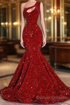 Black Girl Prom Dress One Shoulder Mermaid Red Prom Dress | Cheap Sequins Evening Gowns