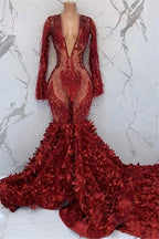 Black Girl Prom Dress Sexy Deep V-Neck Appliques Prom Dress | Feather Long Sleeve Mermaid Evening Gowns