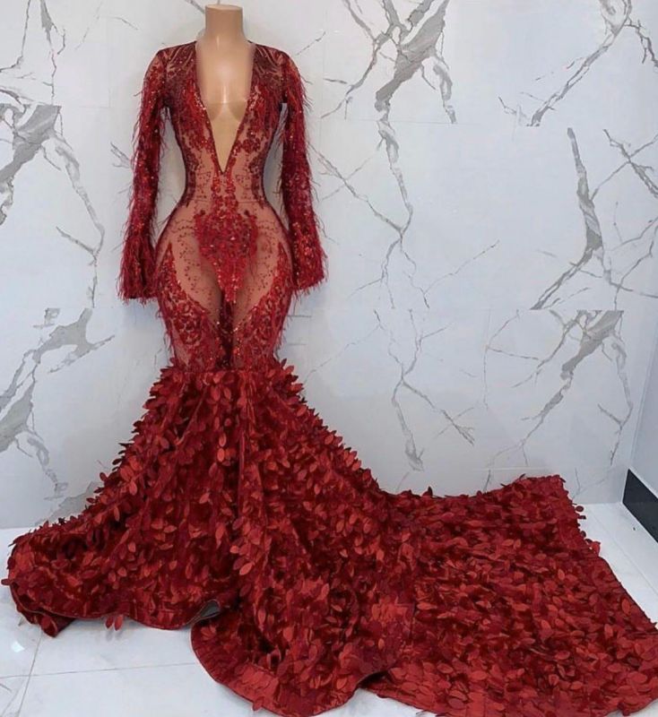 Black Girl Prom Dress Sexy Deep V-Neck Appliques Prom Dress | Feather Long Sleeve Mermaid Evening Gowns
